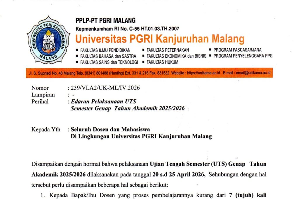 Surat Edaran Pelaksanaan UTS Semester Genap 2025/2026 :